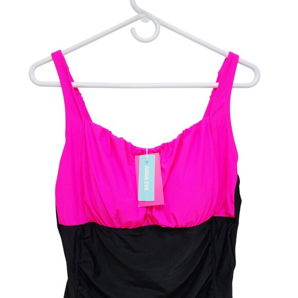 Pink & Black One-Piece Swimsuit Ruching & Adjustable Straps Aqua Eve Size XL - Picture 9 of 9